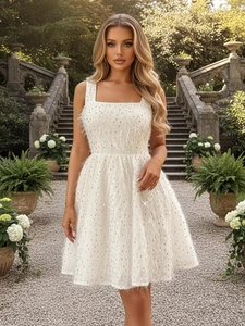 Elegant white sequined mini dress with feather trim and square neckline for cocktail parties