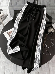 Plus Size Women Lace Patchwork Wide Leg Pants High Waist Drawstring Loose Casual Long Bottoms Lounge Trousers For Female