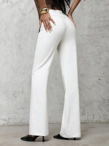 Elegant high waisted white flare trousers for women shown in a stylish back view profile