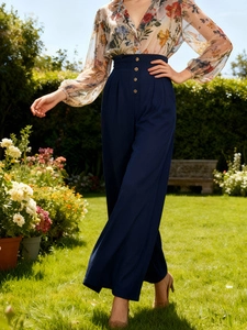 Women's high waist wide leg trousers in navy blue with decorative waist buttons