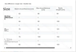 Size chart for high waisted wide leg trousers showing waist hip and length from XS to XL