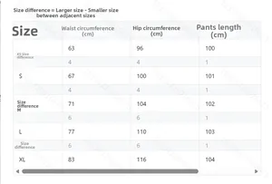 Detailed size chart for high-waisted wide-leg trousers from size XS to XL with measurements