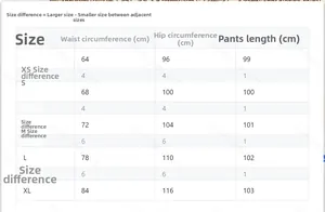 Detailed size chart for high waist wide leg trousers showing XS to XL measurements in cm