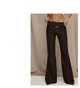 Detail of high waist dark brown flared trousers featuring a matching belt with metal buckle