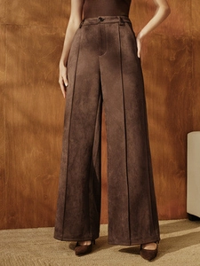 Women High Waist Faux Suede Wide Leg Pants Vintage Drape Slimming Straight Trousers For Casual Office Commute Streetwear
