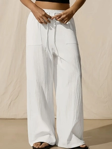 Women Plus Size Casual Wide Leg Trousers Solid Color Drawstring Elastic Waist Straight Pants With Pockets Summer Lounge Bottoms