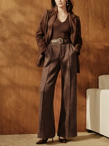 Women's high waist brown suede wide leg trousers and blazer set for chic street style