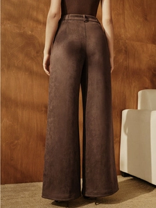Women high waisted mocha brown suede wide leg trousers with premium drape and street style
