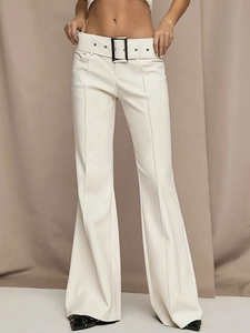 Women High Waist Flared Wide Leg Trousers With Large Metal Buckle Belt Casual Commuter Solid Color Long Pants