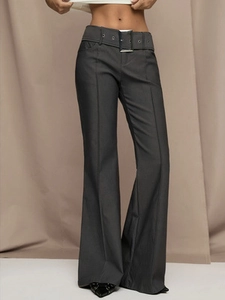 Detail of high waisted dark grey flare pants featuring a wide belt with metallic buckle