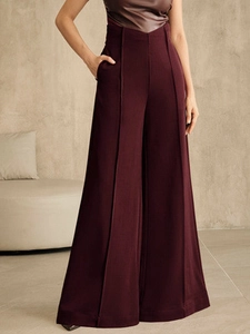 Elegant deep purple high-waisted wide-leg trousers with front seam and V-cut waist design