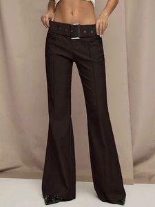Women High Waist Flare Pants With Belt Solid Color Slim Fit Drape Floor Length Commute Casual Chic Flare Trousers