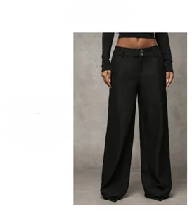 Close-up detail of double-button waist design on black wide-leg trousers for women