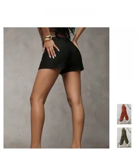 Detailed back view of high-waist slim black shorts and cargo pants design highlights