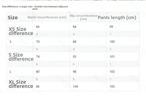 Detailed size chart for high waist flared pants showing waist and hip measurements in cm