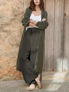 Pantalon large en coton et lin pour femme avec cordon et long cardigan vert tricoté
