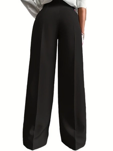 Women high waist black wide leg dress pants with straight drape and vertical seam detail