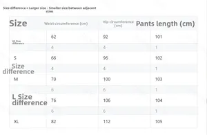 Size chart showing waist, hip, and length measurements for high waist wide leg trousers
