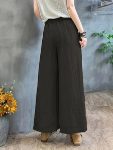 Pantalon large femme en coton et lin avec taille élastique et coupe ample décontractée