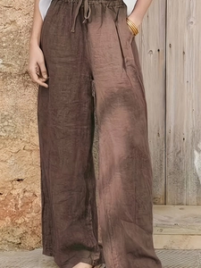 Pantalon ample en lin à taille haute pour femme avec cordon de serrage réglable