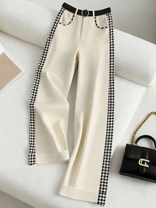 Pantalon Large à Taille Haute pour Femmes avec Surpiqûres Latérales Pied-de-poule Couleur Contrastée Pantalon de Bureau Élégant
