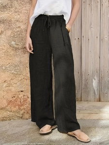 Pantalon Large en Coton et Lin Décontracté pour Femmes Taille Haute Ample Droit Avec Cordon de Serrage Couleur Unie Vacances Été