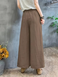Pantalon large en coton et lin marron café à taille haute élastique, vue de derrière