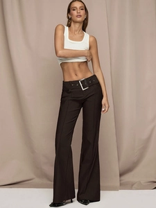 High-waist brown flare trousers with a wide decorative belt and square silver buckle