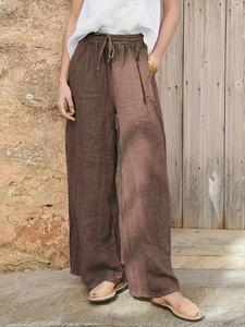 Pantalon large en coton et lin marron foncé avec taille haute élastique et cordon