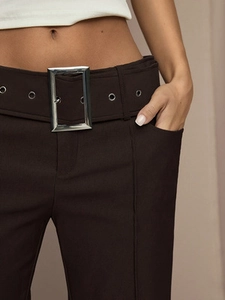 High waist dark brown flare pants featuring a thick fabric and wide belt with metal buckle