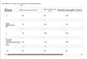 Size chart for high waist trousers showing waist, hip, and length specs from XS to XL