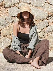 Pantalon femme en coton et lin à taille haute avec cordon pour un style décontracté d'été