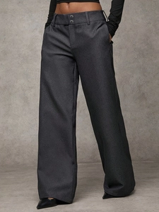 Women high waisted dark grey wide leg trousers with double button closure and straight fit