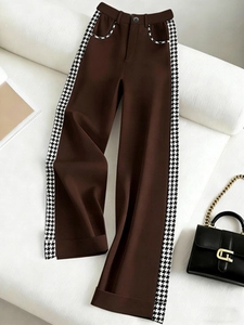 Pantalon large marron foncé à la mode avec bandes latérales et détails en pied-de-poule