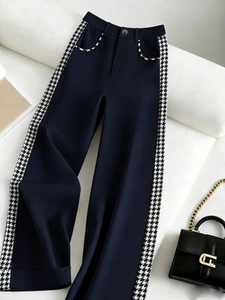 Pantalon taille haute bleu marine à jambes larges avec détails pied-de-poule