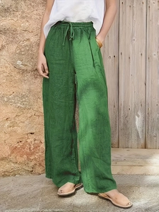 Pantalon large femme en coton et lin vert foncé avec taille élastique à cordon réglable