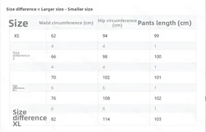 Size chart for low waist wide leg trousers with waist, hip and length in centimeters