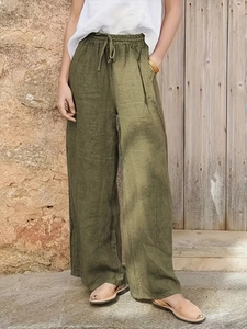 Pantalon femme en coton et lin à jambes larges avec cordon de serrage vert olive