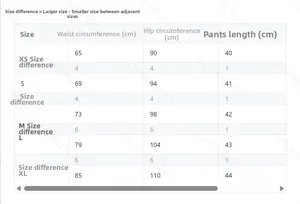 Size guide for high-waisted shorts showing waist, hip, and length measurements in cm