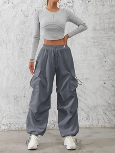 Women's Casual Cargo Pants Loose Fit Multi Pocket High Waist Drawstring Hem Streetwear Polyester Long Trousers