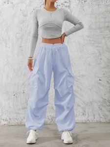 Women's High Waist Cargo Pants Wide Leg Loose Casual Baggy Trousers With Pockets Drawstring Streetwear Polyester Pants