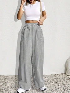 Women Summer Striped Wide Leg Pants High Waist Elastic Waist Casual Loose Straight Trousers With Pockets