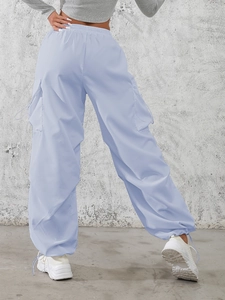 Women high waist light blue cargo pants with pockets and adjustable drawstring cuffs