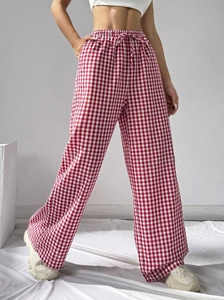 Women's red and white gingham wide-leg casual pants with drawstring elastic high waist