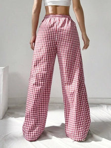 Red and white checkered high waist wide leg pants for women in a casual straight fit