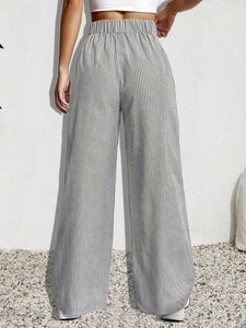 Women's high waist wide leg striped pants with elastic waistband back view