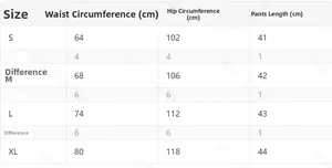 Detailed size chart for high waist dress shorts showing waist and hip measurements