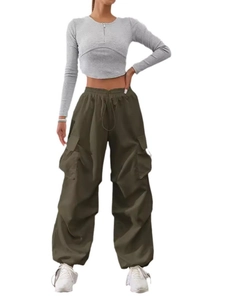 Women's summer fashion outfit with grey slim crop top and olive green cargo pants