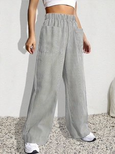 Women's vintage striped wide-leg trousers with elastic waist and large front pockets