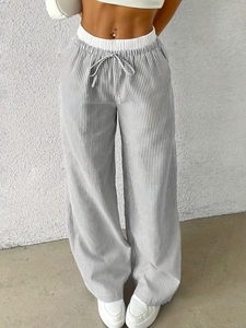 Pantalon rayé à taille haute pour femme avec taille élastique et cordon de serrage